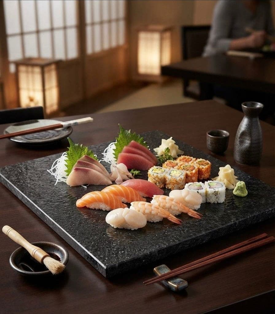 Lousa quadrada de granito preto de borda espessa, com a granulação da pedra visível na superfície, servindo sushi e sashimi sobre mesa de madeira escura