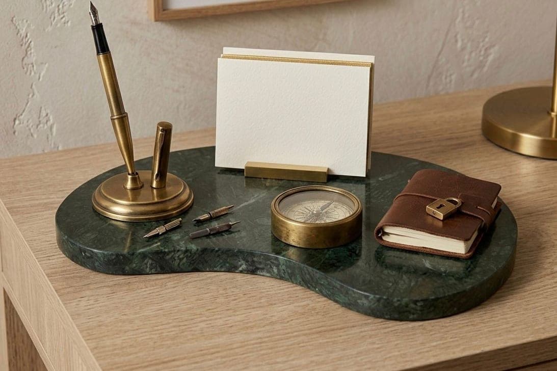 Organizador de mesa em quartzito verde de formato orgânico e borda espessa, sobre escrivaninha de madeira clara, com caneta-tinteiro dourada, bússola de latão e caderno de couro