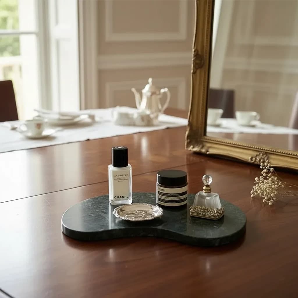 Bandeja decorativa de mármore verde escuro com formato orgânico e borda polida, sobre mesa de madeira, apoiando frascos de perfume e um pequeno prato prateado