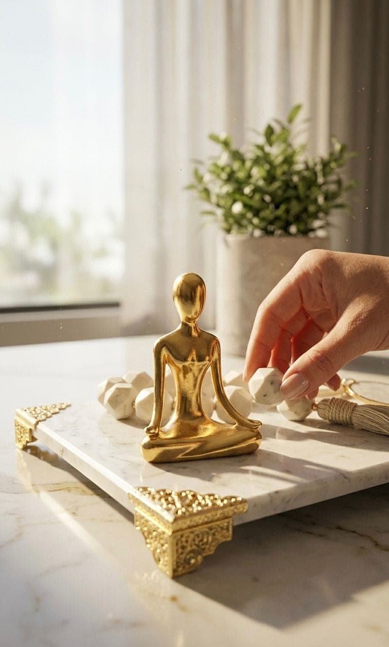Mão apoiando uma pedra sobre bandeja de mármore branco com cantoneiras douradas, ao lado de uma escultura dourada, em bancada iluminada por luz de janela